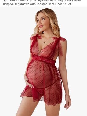 Sheer Red Polka Dot Maternity Babydoll Chemise with Matching Thong